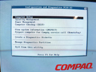 Compaq BIOS config main menu