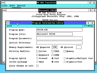 Windows/286 editing the fdisk PIF