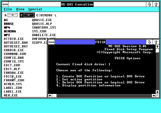 Windows/386 running fdisk windowed
