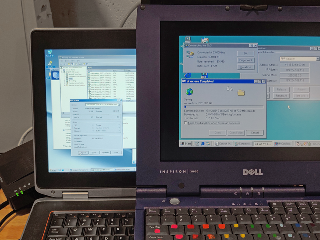 Windows 98 laptop dialed up to internet through a Windows 2003 laptop