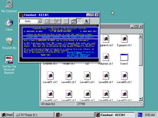 Windows 95 showing a very tiny DOS box