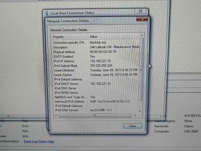 A Windows network diagnostics window showing the details of a network interface, IP address, etc.