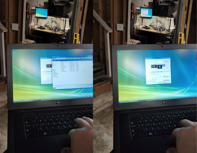 Side by side pic of me holding the Z600, with a monitor visible about 10 feet away in the background. In the first pic, an Explorer window is on the Z600; in the second, it's suddenly on the distant monitor